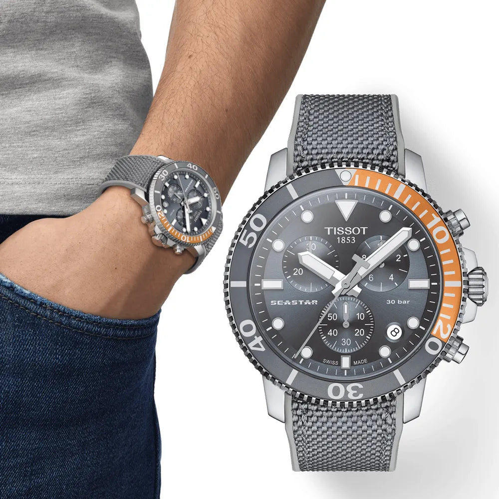 TISSOT Seastar 1000 Men’s Chronograph Quartz Swiss Made Grey Textile Strap Grey Dial 45mm Watch T120.417.17.081.01