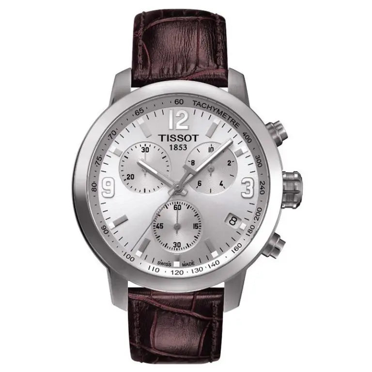 TISSOT PRC 200 Chronograph Men’s Quartz Swiss Made Brown Leather Strap Silver Dial 42mm Watch T055.417.16.037.00