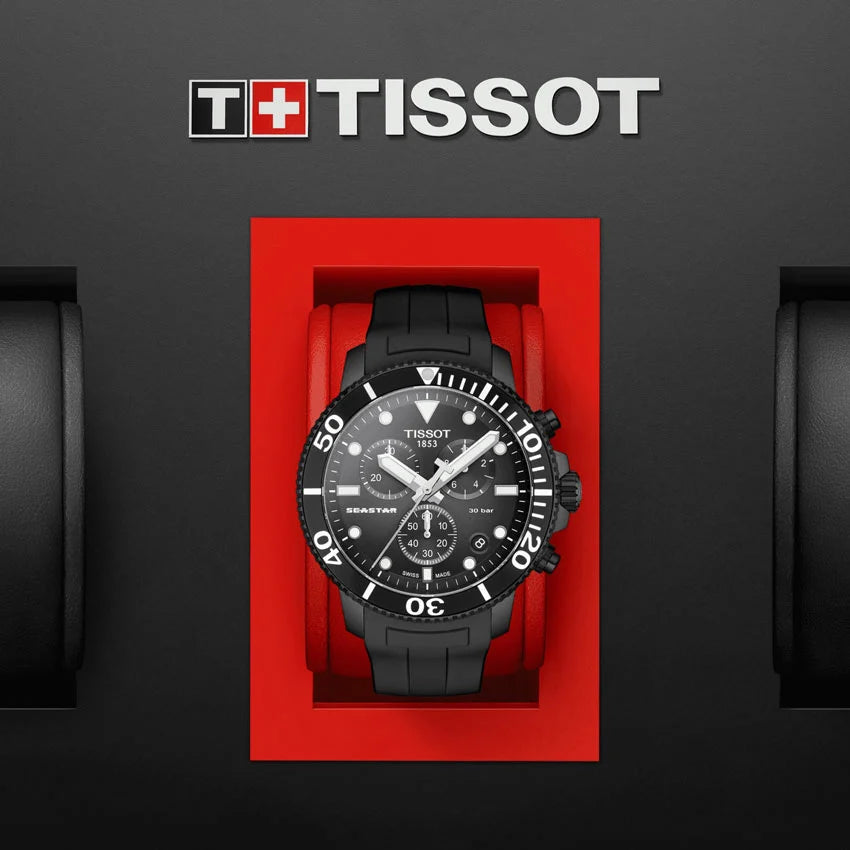 TISSOT Seastar 1000 Men’s Chronograph Quartz Swiss Made Black Silicone Strap Black Dial 45mm Watch T120.417.37.051.02