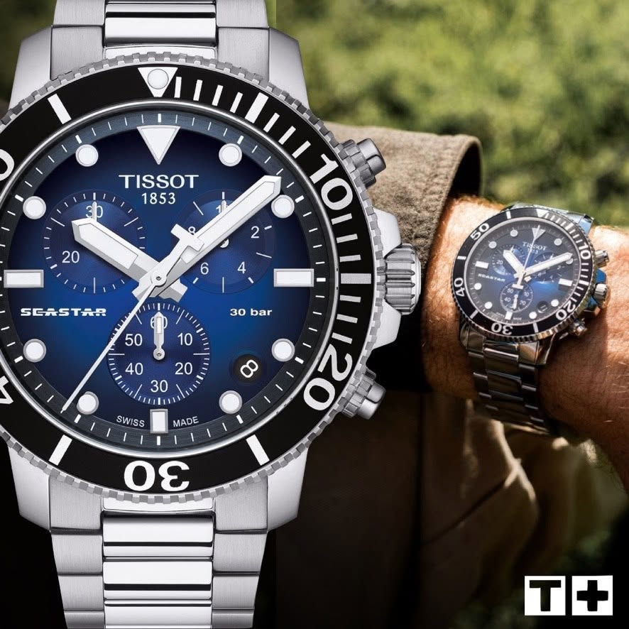 TISSOT Seastar 1000 Men’s Chronograph Quartz Swiss Made Silver Stainless Steel Blue Gradient Dial 45mm Watch T120.417.11.041.01
