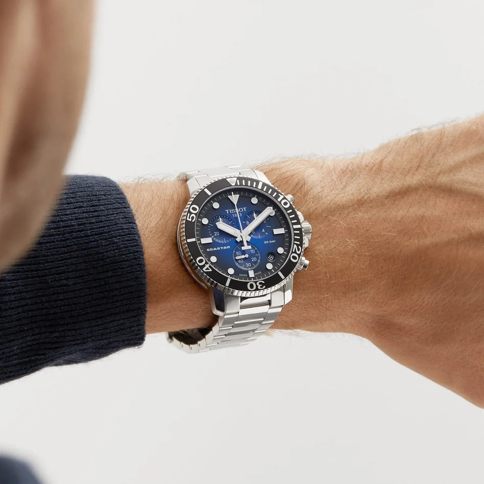 TISSOT Seastar 1000 Men’s Chronograph Quartz Swiss Made Silver Stainless Steel Blue Gradient Dial 45mm Watch T120.417.11.041.01
