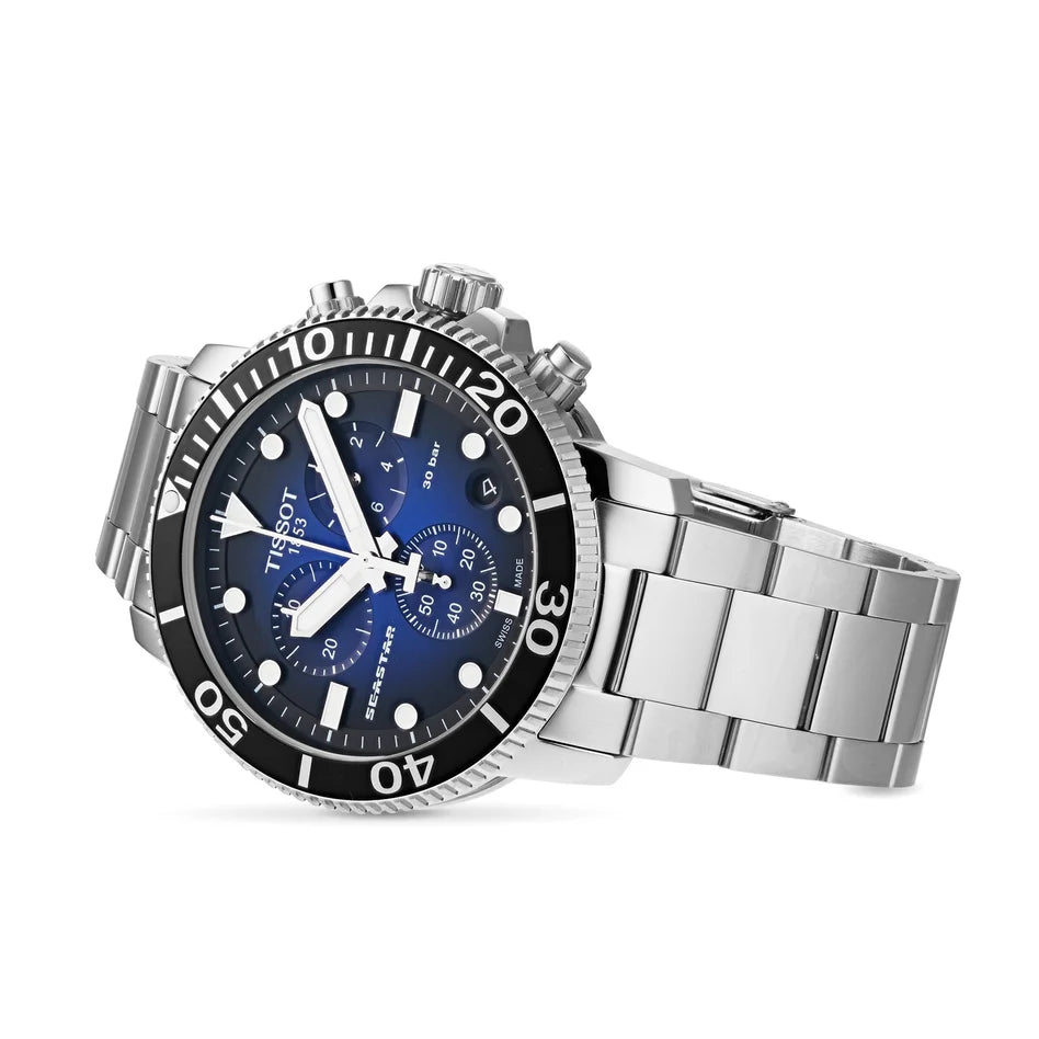 TISSOT Seastar 1000 Men’s Chronograph Quartz Swiss Made Silver Stainless Steel Blue Gradient Dial 45mm Watch T120.417.11.041.01