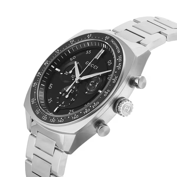Gucci Men’s Swiss Made Chronograph Quartz Silver Stainless Steel Black Dial 41mm Watch YA142316