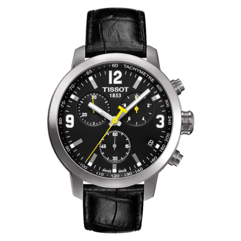 TISSOT Men’s PRC 200 Chronograph Quartz Swiss Made Black Leather Strap Black Dial 42mm Watch T055.417.16.057.00