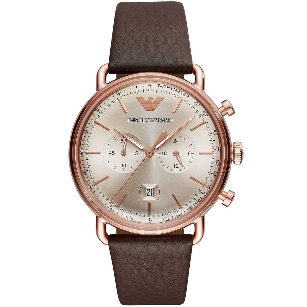 Emporio Armani Men’s Chronograph Quartz Brown Leather Strap Rose Gold Shine Dial 43mm Watch AR11106