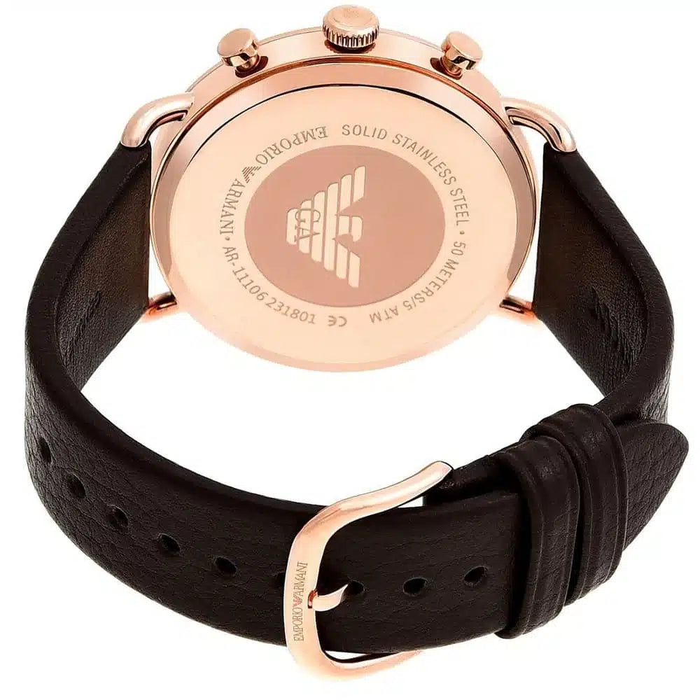 Emporio Armani Men’s Chronograph Quartz Brown Leather Strap Rose Gold Shine Dial 43mm Watch AR11106