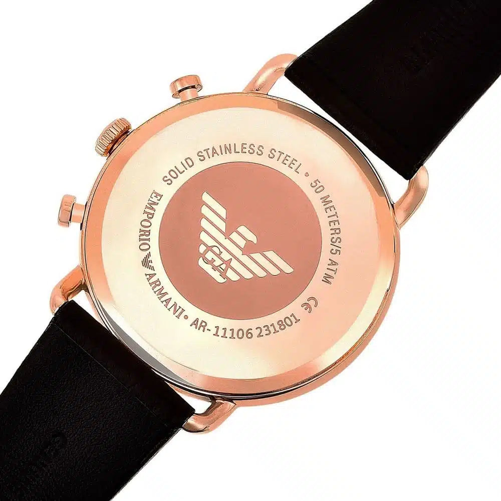 Emporio Armani Men’s Chronograph Quartz Brown Leather Strap Rose Gold Shine Dial 43mm Watch AR11106