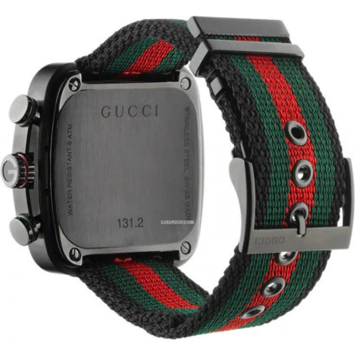 Gucci Men’s Swiss Made Quartz Three Tone Nylon Strap Black Dial 44mm Watch YA131202