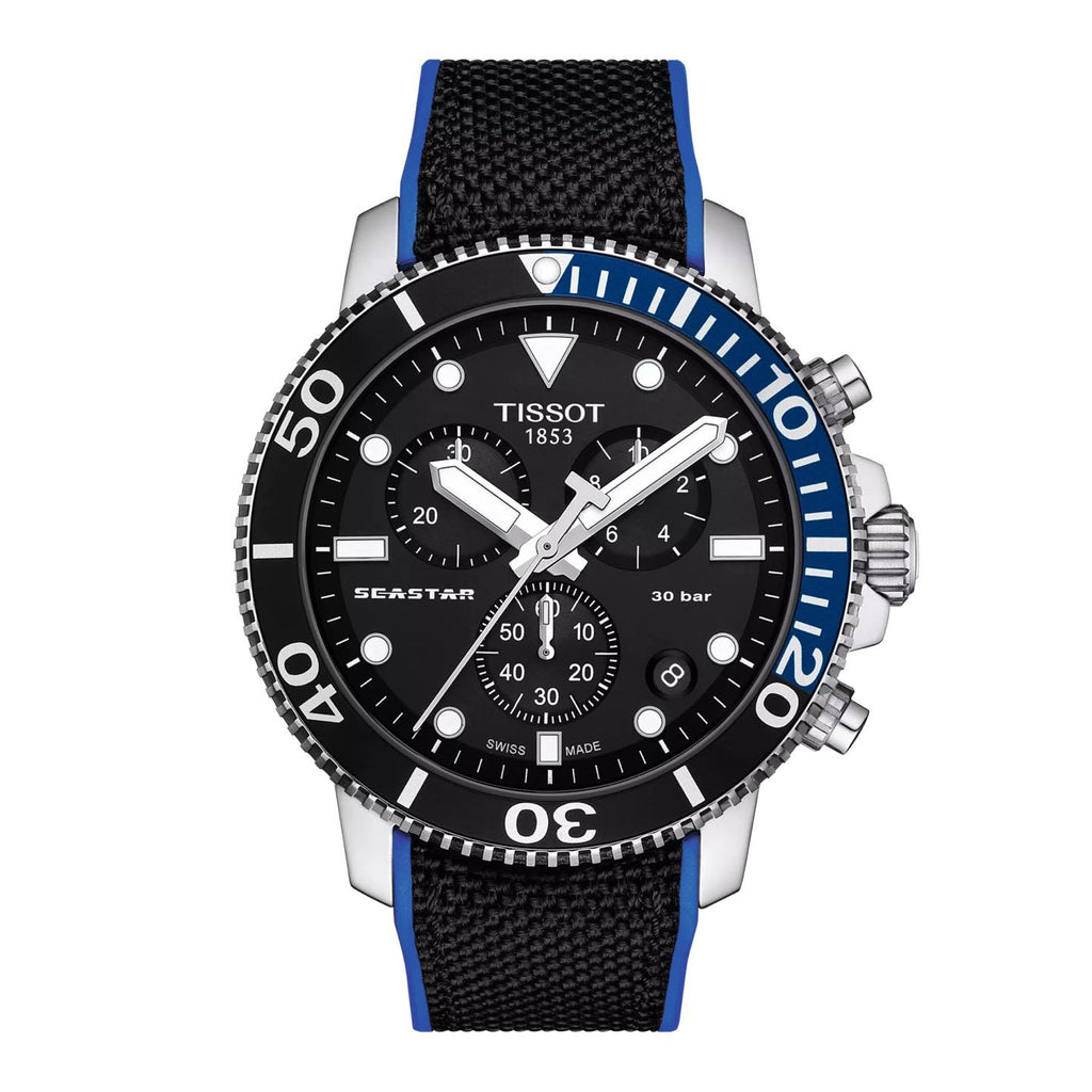 TISSOT Seastar 1000 Men’s Chronograph Quartz Swiss Made Black Textile Strap Black Dial 45mm Watch T120.417.17.051.03