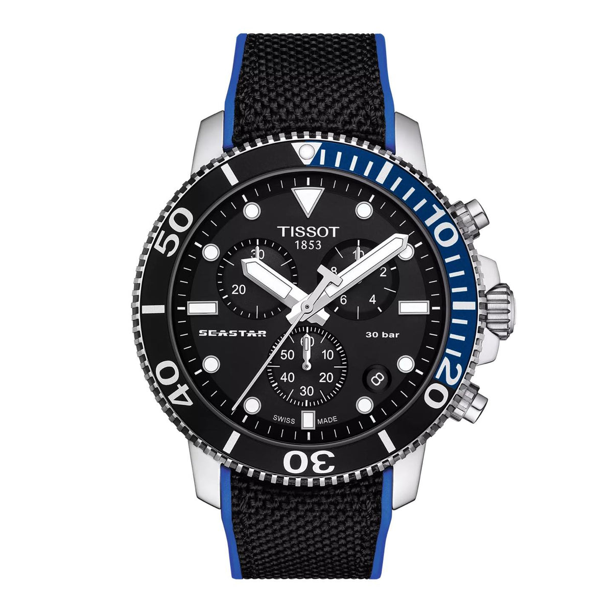 TISSOT Seastar 1000 Men’s Chronograph Quartz Swiss Made Black Textile Strap Black Dial 45mm Watch T120.417.17.051.03