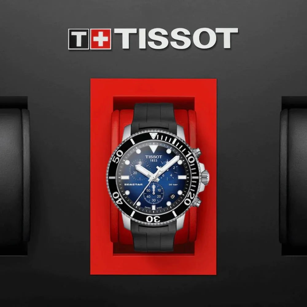 TISSOT Seastar 1000 Men’s Chronograph Quartz Swiss Made Black Silicone Strap Blue Dial 45mm Watch T120.417.17.041.00