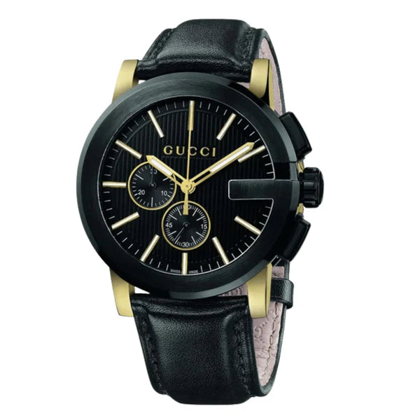 Gucci Men’s Swiss Made Quartz Leather Strap Black Dial 44mm Watch YA101203