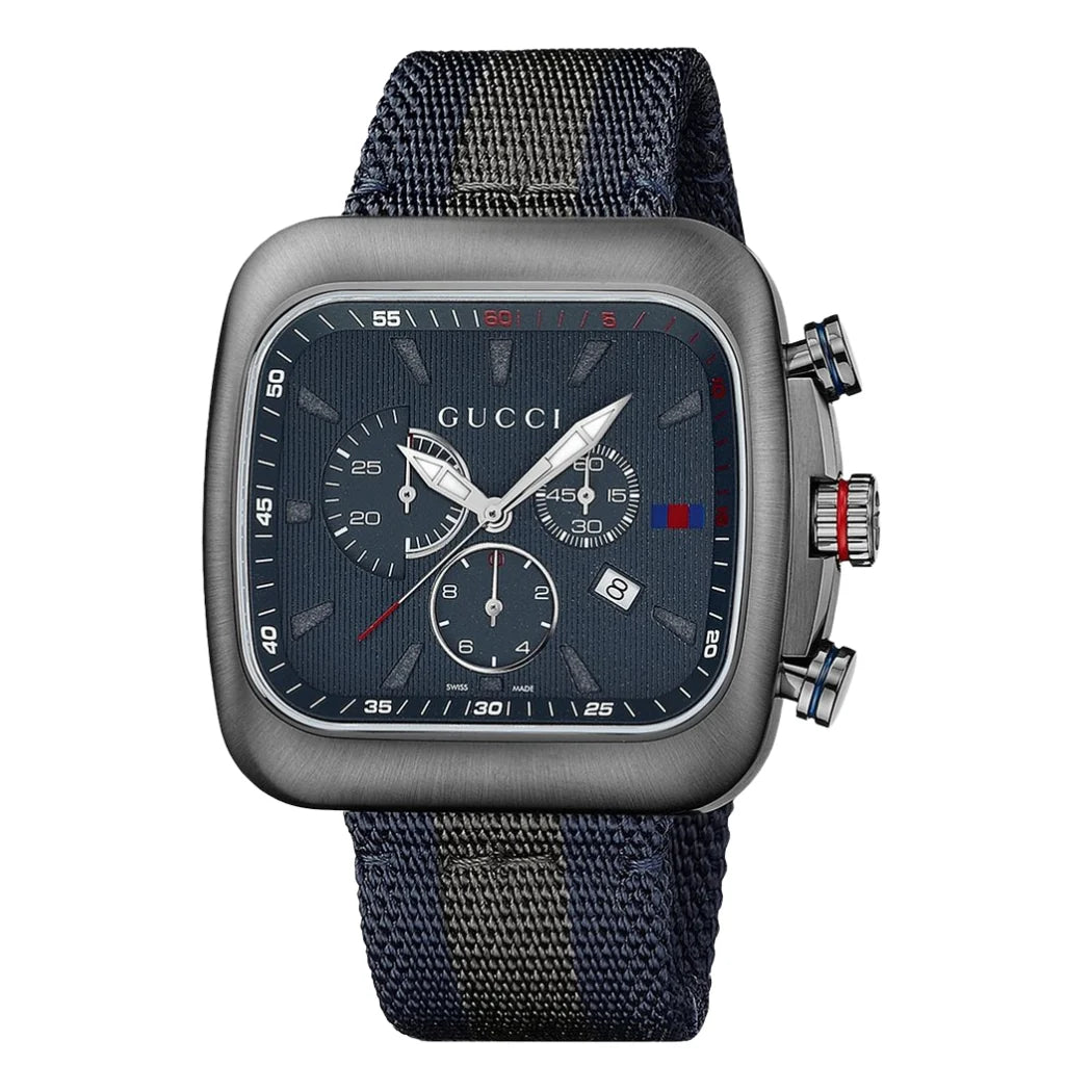Gucci Men’s Swiss Made Quartz Blue & Grey Nylon Strap Blue Dial 44mm Watch YA131203