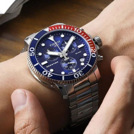 TISSOT Seastar 1000 Men’s Chronograph Quartz Swiss Made Silver Stainless Steel Blue Dial 45mm Watch T120.417.11.041.03