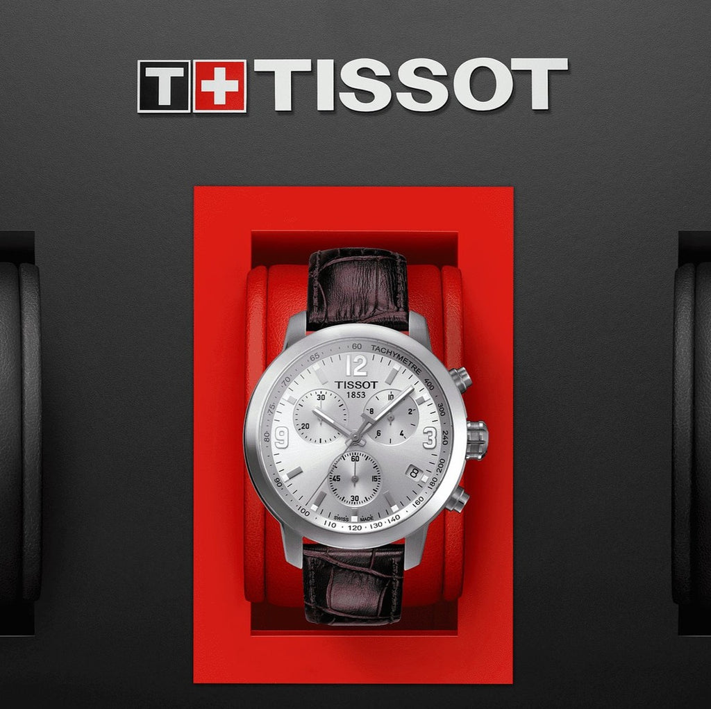 TISSOT PRC 200 Chronograph Men’s Quartz Swiss Made Brown Leather Strap Silver Dial 42mm Watch T055.417.16.037.00