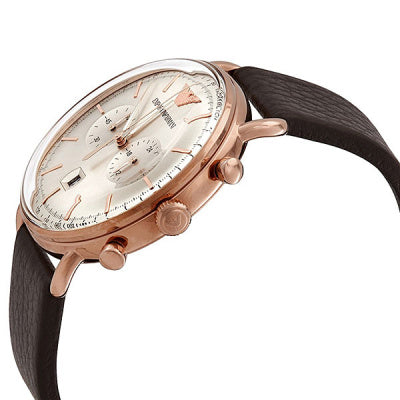 Emporio Armani Men’s Chronograph Quartz Brown Leather Strap Rose Gold Shine Dial 43mm Watch AR11106