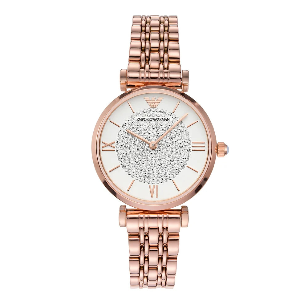 Emporio Armani Women’s Quartz Rose Gold Stainless Steel Silver Crystal Pave Dial 32mm Watch AR11244