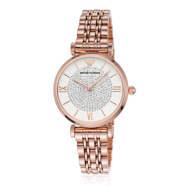 Emporio Armani Women’s Quartz Rose Gold Stainless Steel Silver Crystal Pave Dial 32mm Watch AR11244