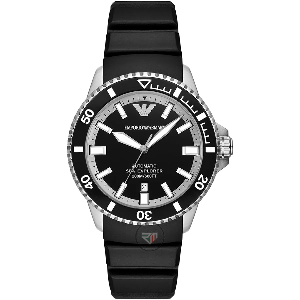 Emporio Armani Men’s Automatic Sea Explorer Black Silicone Strap Black Dial 42mm Watch AR60078