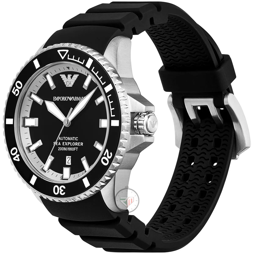 Emporio Armani Men’s Automatic Sea Explorer Black Silicone Strap Black Dial 42mm Watch AR60078
