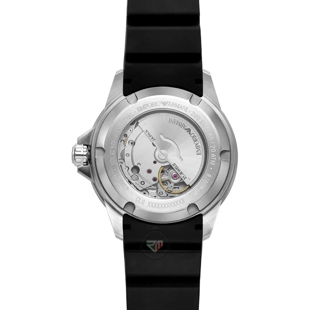 Emporio Armani Men’s Automatic Sea Explorer Black Silicone Strap Black Dial 42mm Watch AR60078