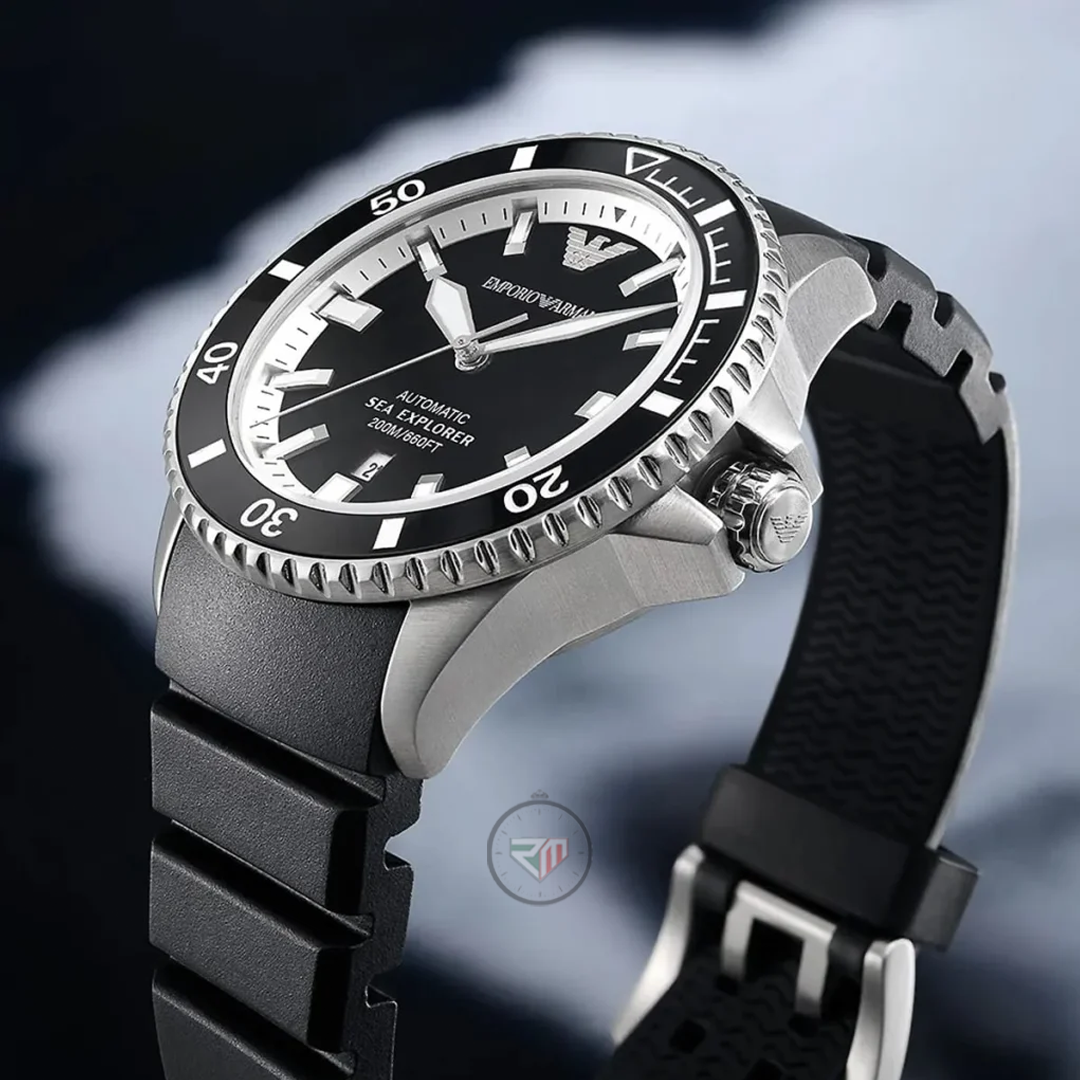 Emporio Armani Men’s Automatic Sea Explorer Black Silicone Strap Black Dial 42mm Watch AR60078