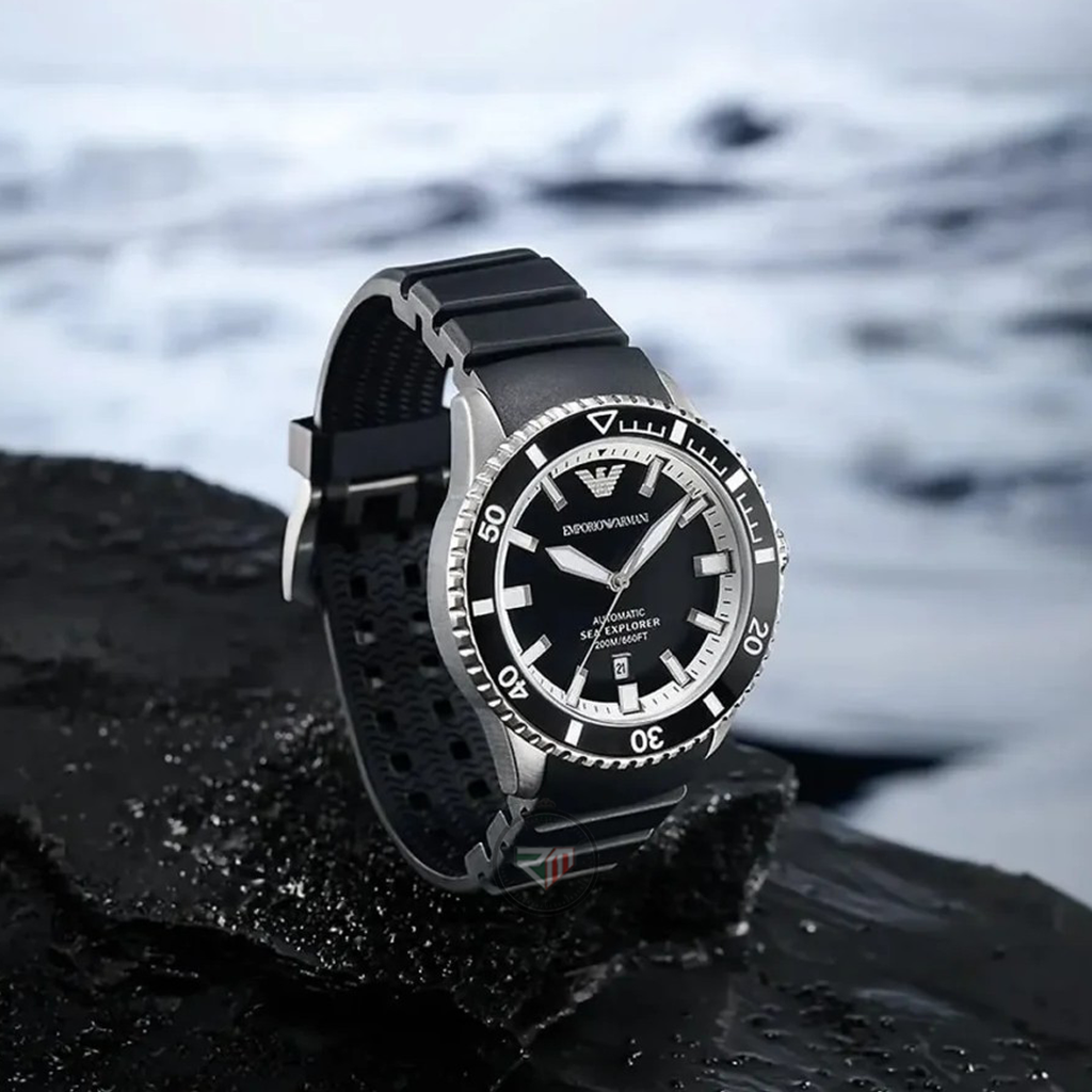 Emporio Armani Men’s Automatic Sea Explorer Black Silicone Strap Black Dial 42mm Watch AR60078