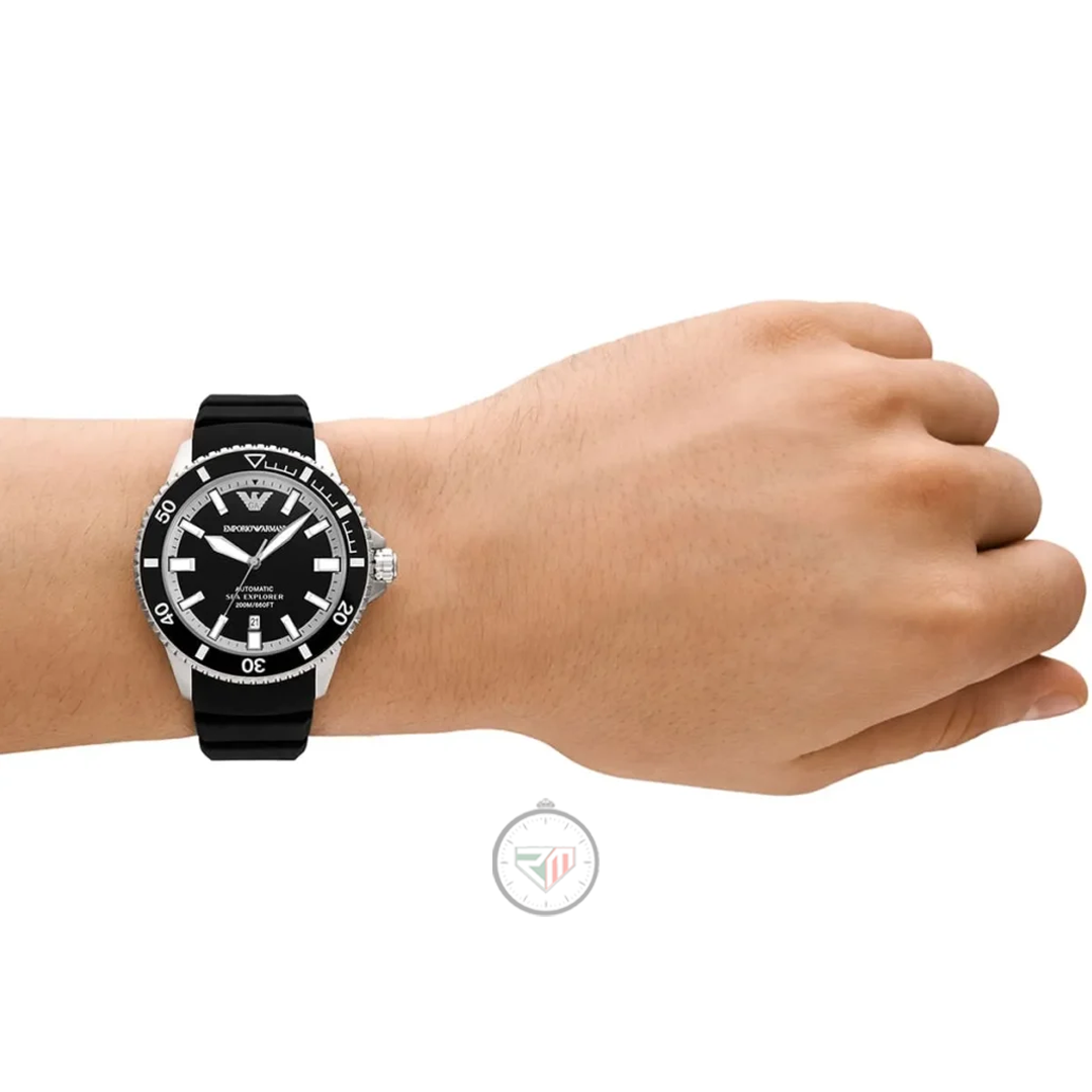 Emporio Armani Men’s Automatic Sea Explorer Black Silicone Strap Black Dial 42mm Watch AR60078