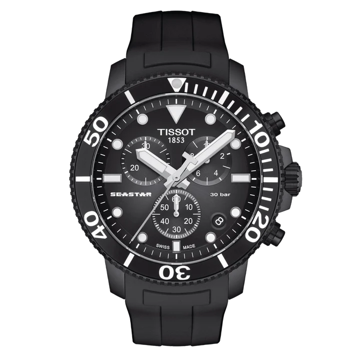TISSOT Seastar 1000 Men’s Chronograph Quartz Swiss Made Black Silicone Strap Black Dial 45mm Watch T120.417.37.051.02