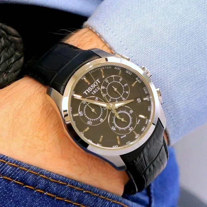 TISSOT Men’s Quartz Swiss Made Black Leather Strap Black Dial 41mm Watch T035.617.16.051.00