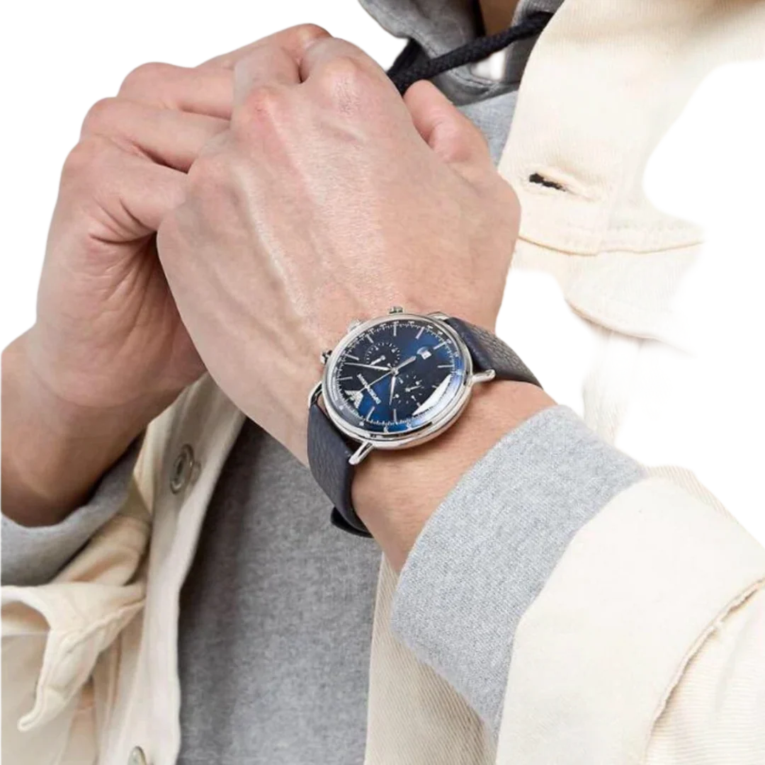 Emporio Armani Men’s Chronograph Quartz Leather Strap Blue Dial 43mm Watch AR11105
