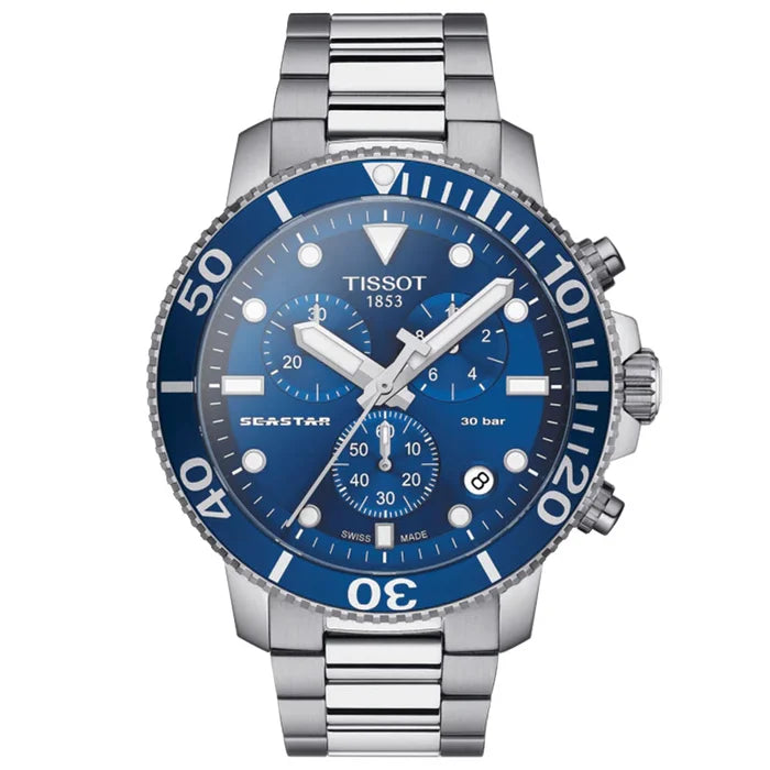 TISSOT Seastar 1000 Men’s Chronograph Quartz Swiss Made Silver Stainless Steel Blue Dial 45mm Watch T120.417.11.041.00