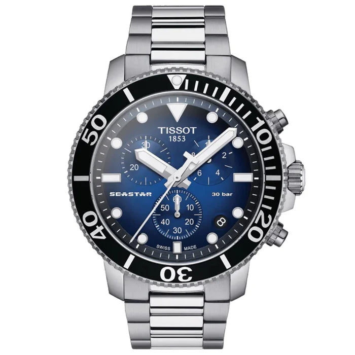 TISSOT Seastar 1000 Men’s Chronograph Quartz Swiss Made Silver Stainless Steel Blue Gradient Dial 45mm Watch T120.417.11.041.01