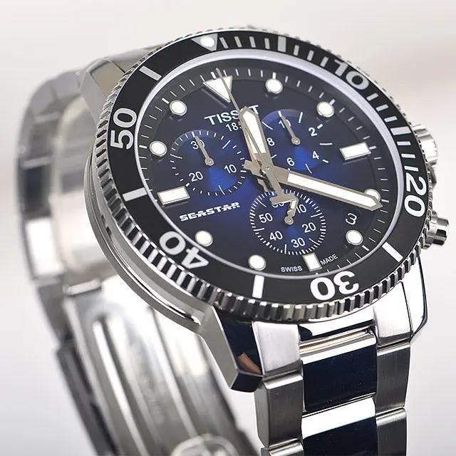 TISSOT Seastar 1000 Men’s Chronograph Quartz Swiss Made Silver Stainless Steel Blue Gradient Dial 45mm Watch T120.417.11.041.01