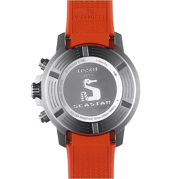TISSOT Seastar 1000 Men’s Chronograph Quartz Swiss Made Orange Silicone Strap Black Dial 45mm Watch T120.417.17.051.01