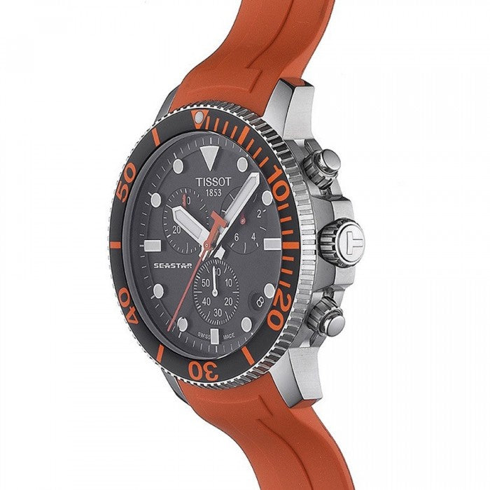 TISSOT Seastar 1000 Men’s Chronograph Quartz Swiss Made Orange Silicone Strap Black Dial 45mm Watch T120.417.17.051.01