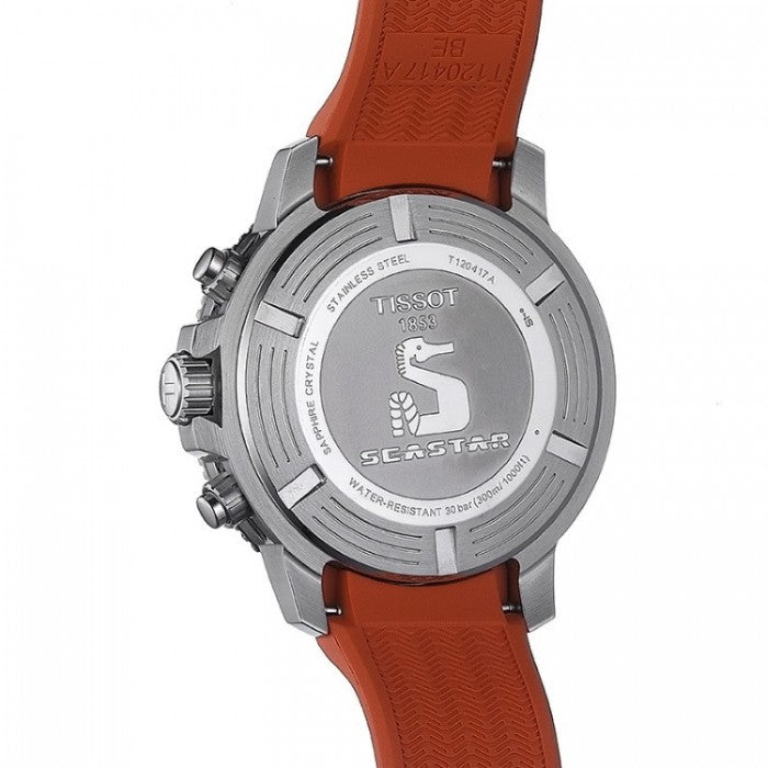 TISSOT Seastar 1000 Men’s Chronograph Quartz Swiss Made Orange Silicone Strap Black Dial 45mm Watch T120.417.17.051.01
