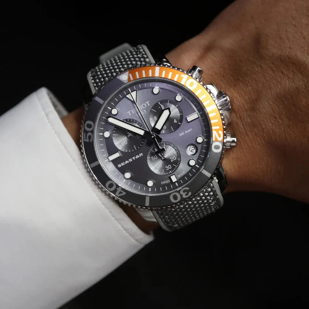 TISSOT Seastar 1000 Men’s Chronograph Quartz Swiss Made Grey Textile Strap Grey Dial 45mm Watch T120.417.17.081.01