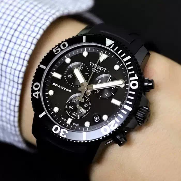 TISSOT Seastar 1000 Men’s Chronograph Quartz Swiss Made Black Silicone Strap Black Dial 45mm Watch T120.417.37.051.02