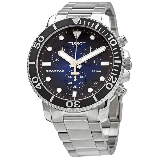 TISSOT Seastar 1000 Men’s Chronograph Quartz Swiss Made Silver Stainless Steel Blue Gradient Dial 45mm Watch T120.417.11.041.01