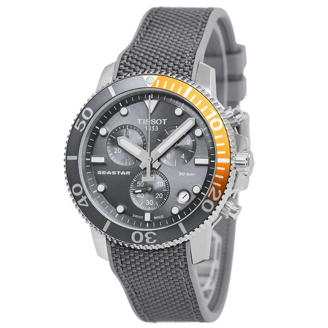 TISSOT Seastar 1000 Men’s Chronograph Quartz Swiss Made Grey Textile Strap Grey Dial 45mm Watch T120.417.17.081.01