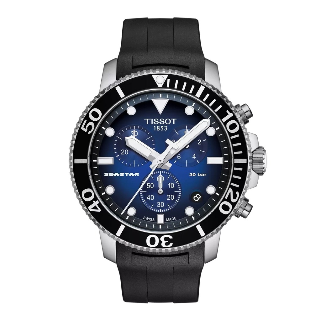TISSOT Seastar 1000 Men’s Chronograph Quartz Swiss Made Black Silicone Strap Blue Dial 45mm Watch T120.417.17.041.00