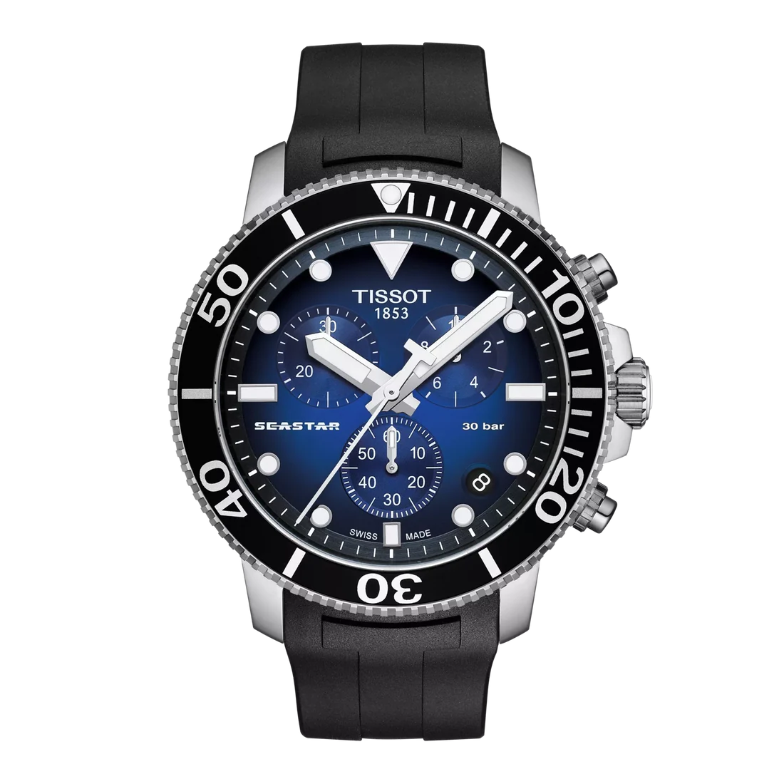 TISSOT Seastar 1000 Men’s Chronograph Quartz Swiss Made Black Silicone Strap Blue Dial 45mm Watch T120.417.17.041.00