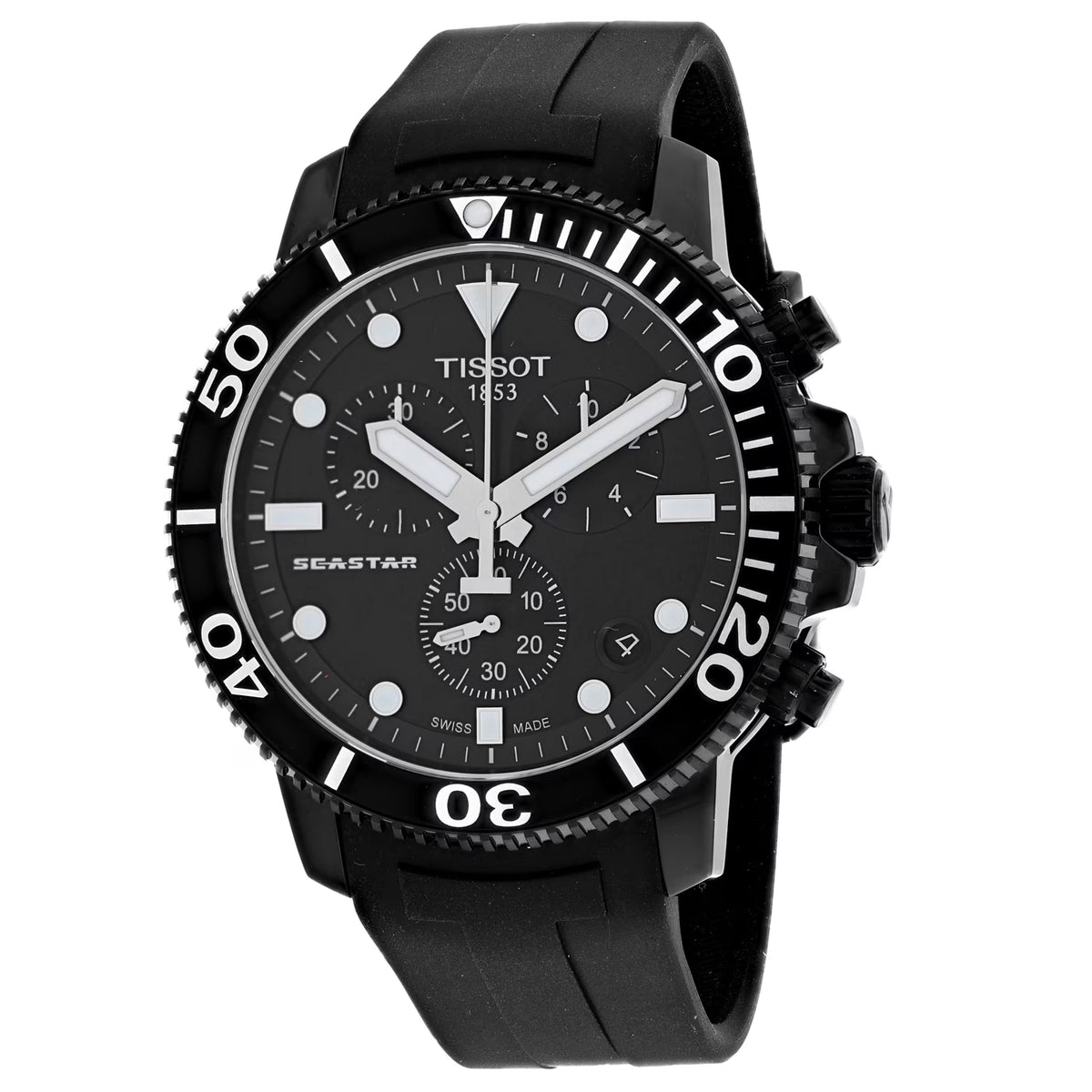 TISSOT Seastar 1000 Men’s Chronograph Quartz Swiss Made Black Silicone Strap Black Dial 45mm Watch T120.417.37.051.02