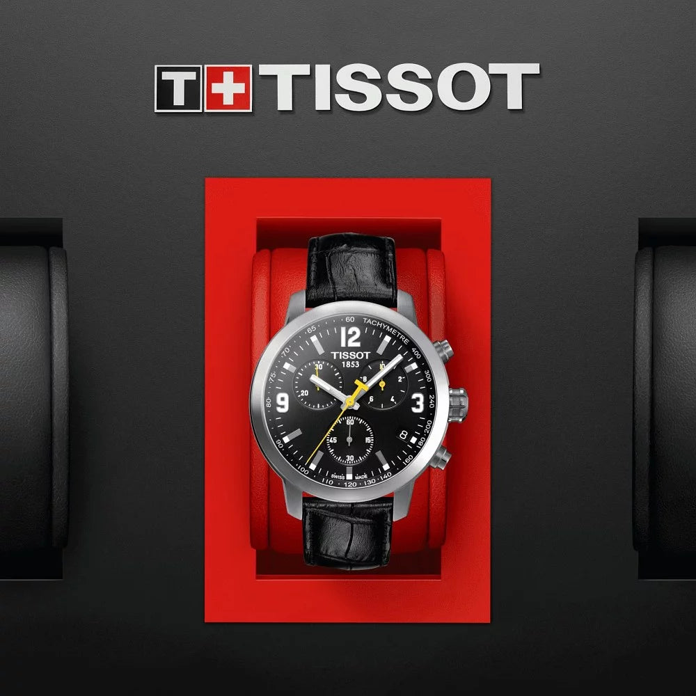 TISSOT Men’s PRC 200 Chronograph Quartz Swiss Made Black Leather Strap Black Dial 42mm Watch T055.417.16.057.00