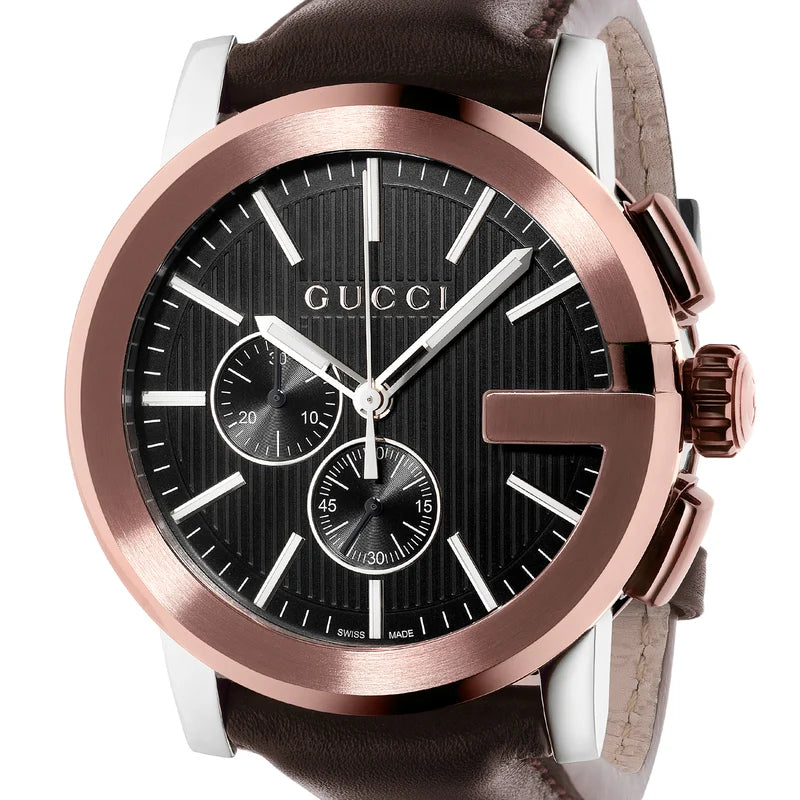 Gucci Men’s Swiss Made Quartz Leather Strap Black Dial 44mm Watch YA101202