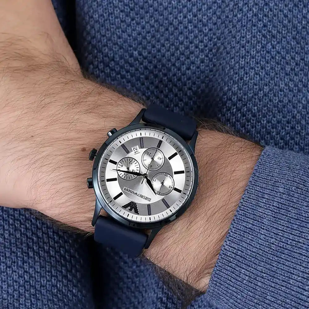 Emporio Armani Men’s Chronograph Quartz Silicone Strap Silver Dial 44mm Watch AR11026