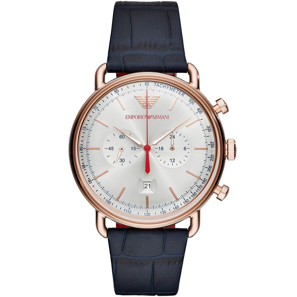 Emporio Armani Men’s Chronograph Quartz Blue Leather Strap Silver Dial 48mm Watch AR11123