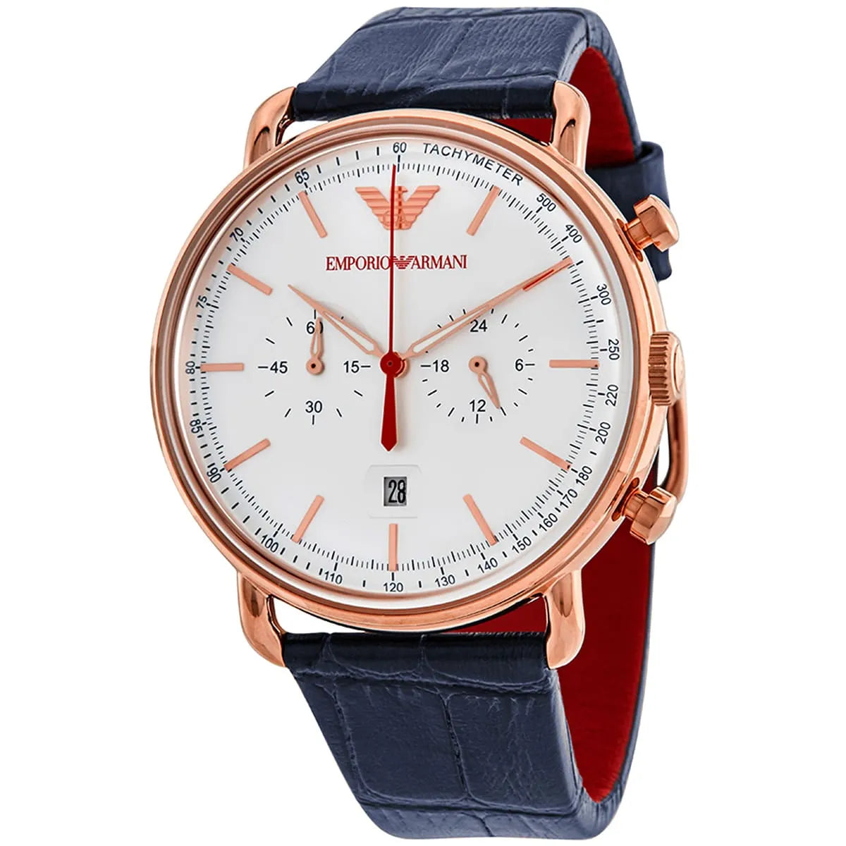Emporio Armani Men’s Chronograph Quartz Blue Leather Strap Silver Dial 48mm Watch AR11123