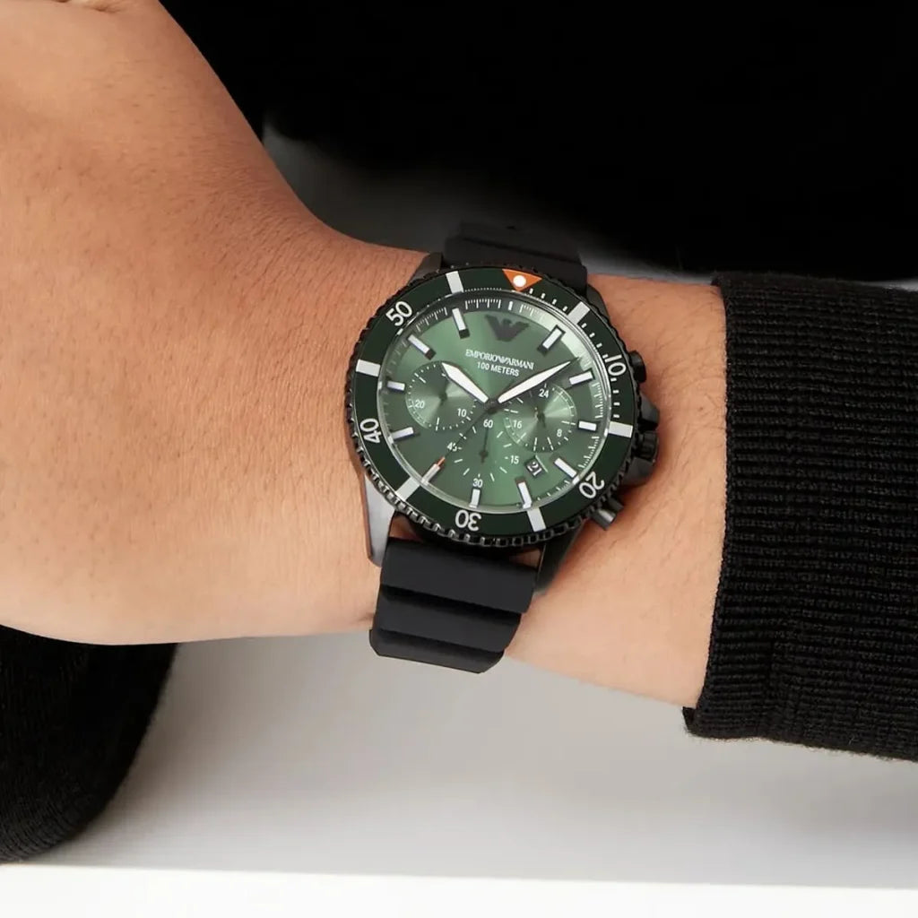 Emporio Armani Men’s Quartz Black Silicone Strap Green Dial 43mm Watch AR11463